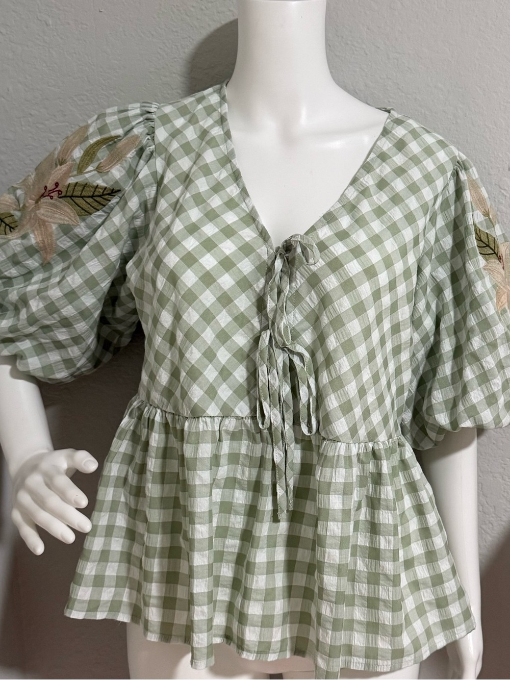 Light Sage Gingham Tie-Front Peplum blouse